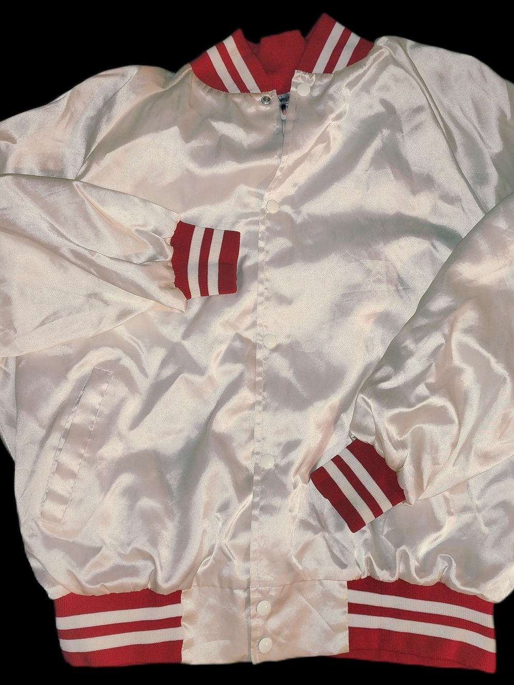 Men's White Satin Bomber Jacket with Red Stripe Trim